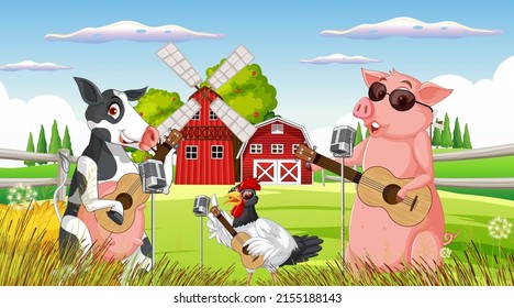 Farm background with happy animals illustration