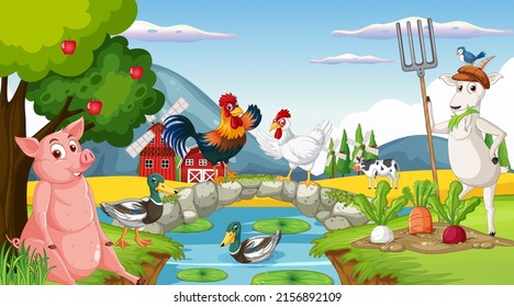 Farm background with happy animals illustration