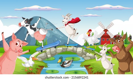 Farm background with happy animals illustration