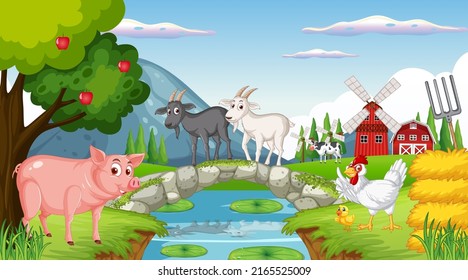 Fondo de granja con ilustración de animales felices