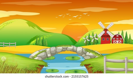 Farm background with stone bridge illustration