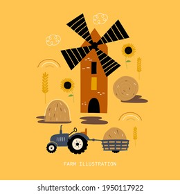 Farm background. Vector illustration of agriculture and nature. Drawing for poster, card or background.  