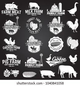 Farm Badge or Label on the chalkboard. Vector. Vintage typography design with chicken, pig, turkey, cow and farm house silhouette. Elements on the theme of the milk, pork and chicken farm business