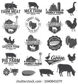 Farm Badge or Label. Vector illustration. Vintage typography design with chicken, pig, turkey, cow and farm house silhouette. Elements on the theme of the milk, pork and chicken farm business