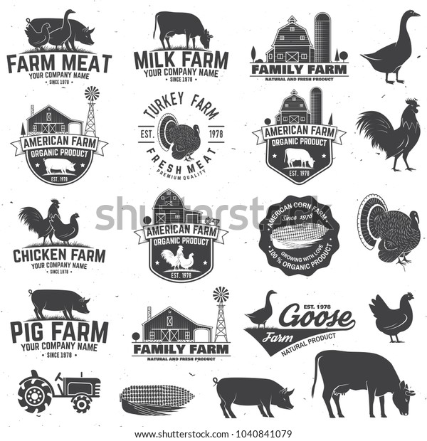 ファームのバッジまたはラベル ベクターイラスト 鶏 豚 七面鳥 牛 農家のシルエットを使ったビンテージタイポグラフィデザイン 牛乳 豚肉 鶏肉 の農業をテーマにしたエレメント のベクター画像素材 ロイヤリティフリー