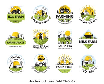 Farm badges. Agricultural labels collection with village houses and animals recent vector farm pictures collection