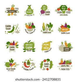 Farm badges. Healthy products symbols with place for text fruits and vegetables fresh food recent vector templates set