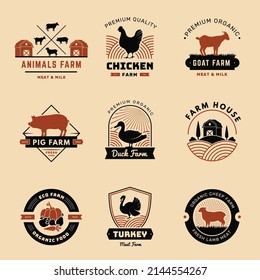 Farm badges. Rural emblems milk meat vegetables and fruits country horses coes pork symbols recent vector templates