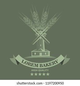 Farm or bakery logo or label with sketch line style mill and wheat. Vector illustration