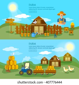 Farm banner apiarist apiary organic foods hay tractor farm landscapes vector Illustration 