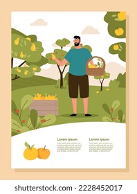 El concepto de pancarta de la granja. El hombre con canastos reúne manzanas y peras, cosecha. Temporada de verano y otoño. Campo y agricultura. Portada o afiche para sitio web, folleto. Dibujo vectorial plano de dibujos animados