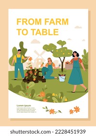 Farm banner concept. Man and women in garden water vegetables and fruits. Vitamins and health care, active lifestyle. Marketing and advertising booklet or cover. Cartoon flat vector illustration