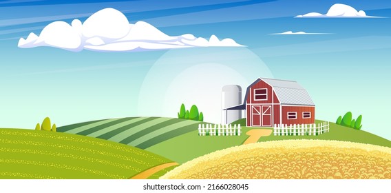 Farm for banner design. Illustration vector graphic. Farmer field. Green natural background. Natural summer landscape. Organic farming. Agriculture, farmland. Nature farming