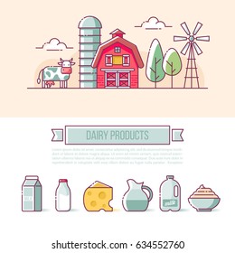 Farm banner design. Milk and dairy products icons for web and graphic design. Isolated vector illustration