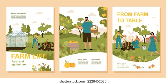 Farm banner set. Farming and harvesting, people with natural and organic products, vegetables. Men and women in garden collection. Cartoon flat vector illustrations isolated on beige background