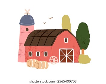 Farm barn, agriculture buildings. Hangar, storage shed, silo tower, rural country scene. Countryside husbandry structures, barnyard with hay. Flat vector illustration isolated on white background