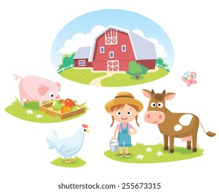 farm with barn and animals