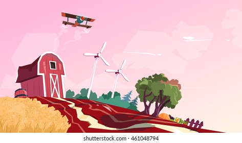 Farm Barn Building Field With Wind Turbine Flat Vector Illustration