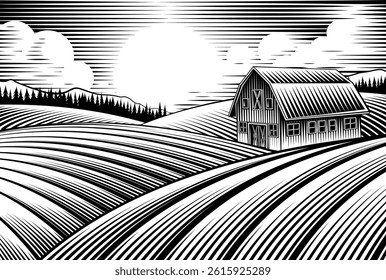 A farm barn building and rolling hills in a vintage woodcut style