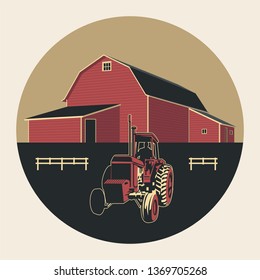 Farm Barn Building and Tractor Emblem Vintage Style 