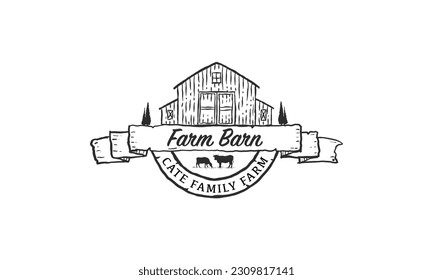 Farm Barn concept logo. Template with farm landscape. Label for natural farm products. Black logotype isolated on white background. Vector illustration.