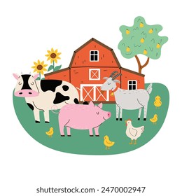 Farm with barn, cow, pig, goat, chickens, chickens, tree and sunflowers. Vector illustration with white isolated background.