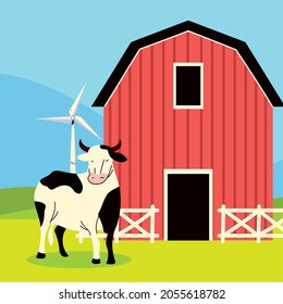 farm barn, cow and wind turbine