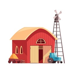 Farm Barn Cowshed Building Exterior With Tractor And Windmill Flat Vector Illustration