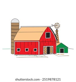 Farm barn cowshed building exterior with tractor and windmill flat vector illustration