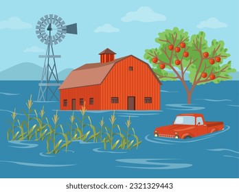 Farm with barn and crops drowning in water vector illustration. Drawing of flood on farm, red building, car, windmill, apple tree in water. Environment, ecology, natural disasters, agriculture concept