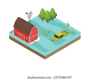 Farm with barn and crops drowning in water isometric 3d vector illustration concept for banner, website, illustration, landing page, flyer, etc