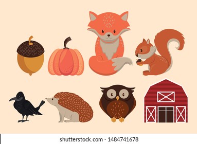 Farm barn and cute animals cartoons, fox squirrel owl and purcupine with crow vector illustration graphic design.