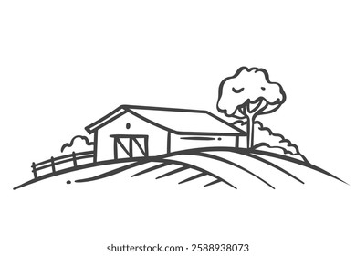 Farm barn with fence in plowed field, farmland scene line icon. Outline hand drawn village house and farmyard. Agriculture, farm, ranch mascot, sketch of countryside landscape icon vector illustration