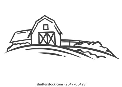 Farm barn with fence in rural landscape line icon. Outline hand drawn farmhouse, stable with barnyard in front. Farmland, countryside mascot, farm ranch on grass field icon vector illustration