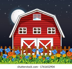 Farm barn and flowers at night scene illustration