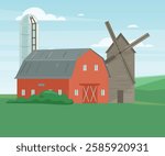 Farm barn and granary building on green farm field plot cartoon vector illustration, isolated on white. vector illustration