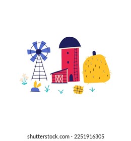 Farm, barn, granary with a windmill and a barn. Composition in hand-drawn cartoon Scandinavian doodle style. The colorful limited palette is ideal for printing. Vector isolate on white background