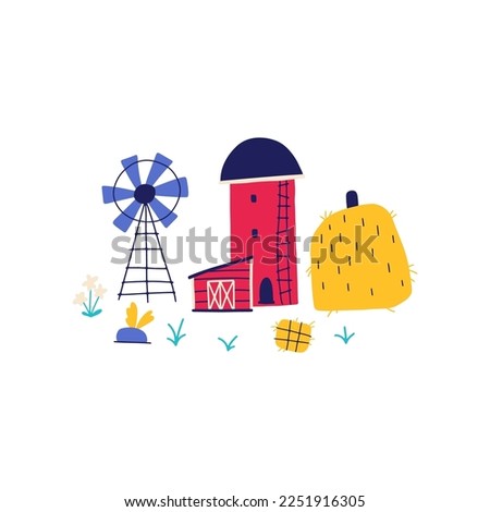 Farm, barn, granary with a windmill and a barn. Composition in hand-drawn cartoon Scandinavian doodle style. The colorful limited palette is ideal for printing. Vector isolate on white background