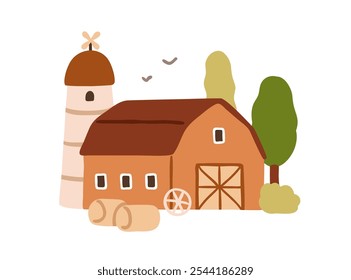 Casa do celeiro da fazenda, torre de silo, casa da fazenda, cena rural. Edifícios agrícolas rurais com fardos de feno e estruturas de celeiro. Hangar do país. Ilustração de vetor plano isolada no plano de fundo branco