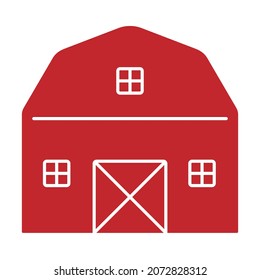 Farm barn icon. Ranch red house with white decorative oblique cross on gate. Element building of rustic open landscape. Flat vector illustration. Concept picture for kids books about village harvest.