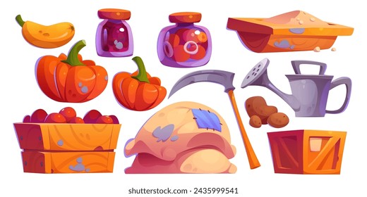 Farm barn inside elements and tools. Cartoon vector illustration set of ranch agriculture farming and gardening equipment - watering can and grass scythe, ripe vegetables and preservation in glass jar