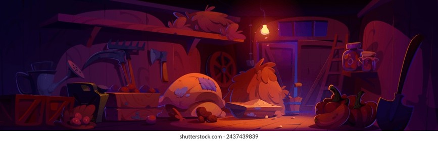 Farm barn inside with tools and crop at night. Cartoon vector illustration of dark wooden ranch shed indoor with haystack and sack, gardening equipment and vegetable harvest. Countryside farmhouse.