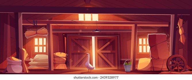 Farm barn interior design. Vector cartoon illustration of haystacks, grain harvest in cloth sack, funny goose standing inside wooden building, sunlight seen in windows and door, ranch storehouse