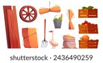 Farm barn interior elements set. Cartoon vector hay in stacks, wooden planks and cart wheel, fork tool and corn in metal bucket, ripe vegetables tomato and pumpkin in boxes, goose and grain in sack.