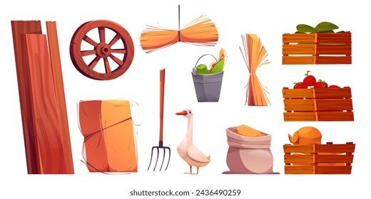 Farm barn interior elements set. Cartoon vector hay in stacks, wooden planks and cart wheel, fork tool and corn in metal bucket, ripe vegetables tomato and pumpkin in boxes, goose and grain in sack.