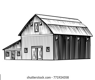 Farm barn isolated on white background hand drawn sketch style illustration. Wood barn vector monochrome outline image