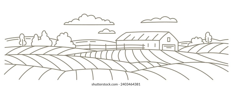 Farm barn. Landscape field. Vector line. Editable outline stroke.