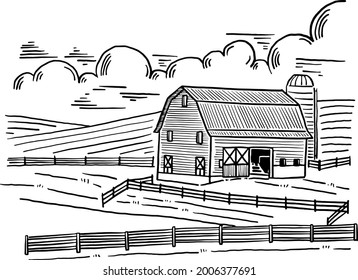 Farm Barn landscape Hand drawn line art illustration Daily farm product background