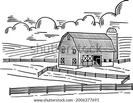 Farm Barn landscape Hand drawn line art illustration Daily farm product background