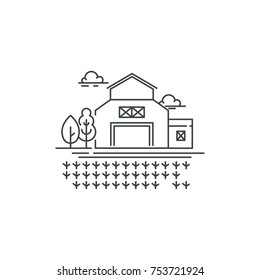 Farm barn line icon with germinating field Outline illustration of sprouts on the field vector linear design isolated. Farm logo template, element for farming design, line icon object.